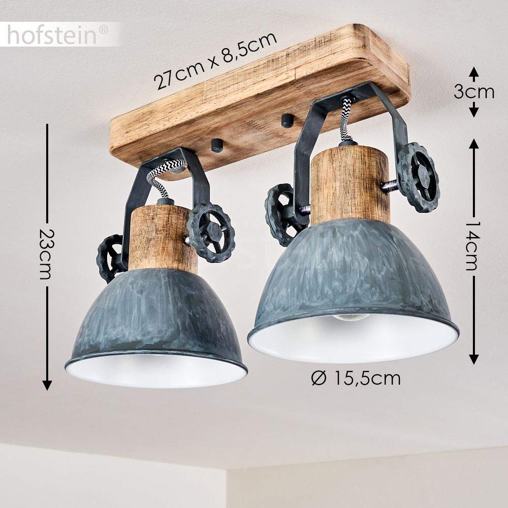Plafoniera Orny, 2 luci, con faretti regolabili, lampada da soffitto in metallo/legno in grigio/bianco/marrone, 2 x attacco E27, faretto dal design retrò/vintage, senza lampadina/e