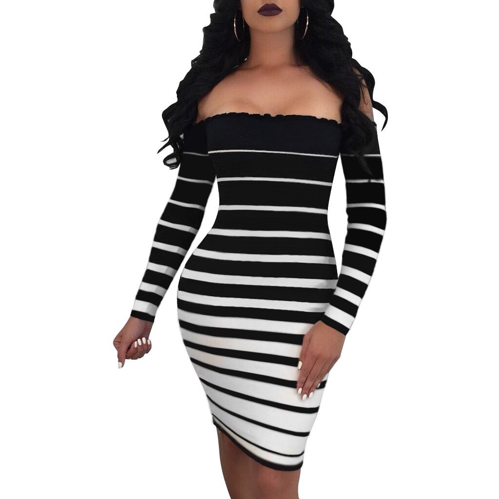 Womens Off Shoulder Bodycon Dress Gradient Stripe Midi Pencil Dress