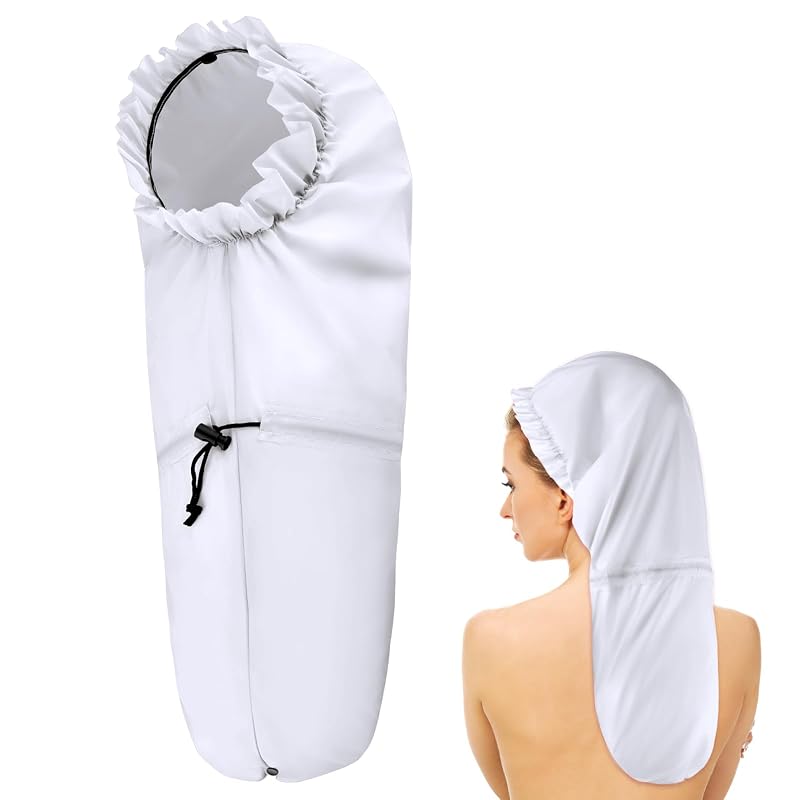 Touca de banho grande para tranças e cabelos longos Abeillo, com cordão ajustável, branca