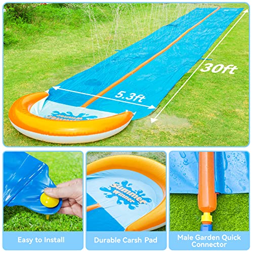 30ft Slip Water Slide, Extra Long Lawn Water Slide with 2 Bodyboards, Giant Double Race Slip Water Slide for Kids Backyard, Inflatable Water Slide with Centre Sprinkler for Backyard, Garden, Outdoor