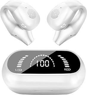 FUNGORGT White Wireless Earbuds Bluetooth 5.3 Headphones In Ear Bluetooth Earphones Ear Clip HiFi Stereo Sound, Waterproof Sport Running Bone Conduction Earbuds, LED Display Clip on Earbuds