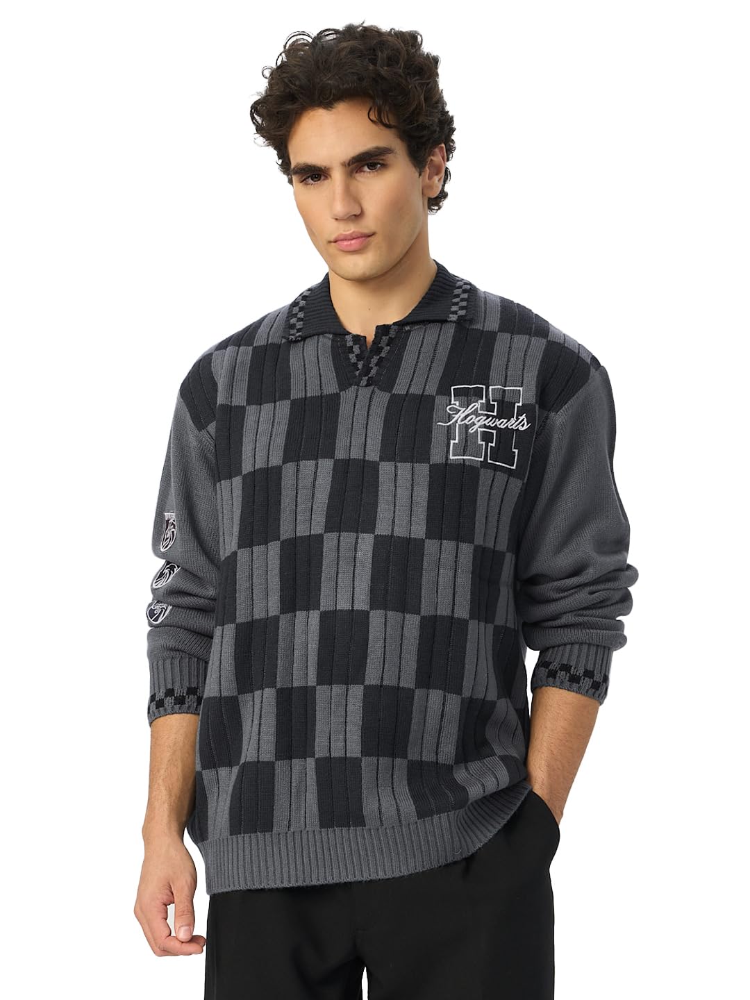 the souled store Harry Potter: Potterverse Men and Boys Long Sleeves Collared Neck Grey Checkered Acrylic Oversized Pullovers-picture-31