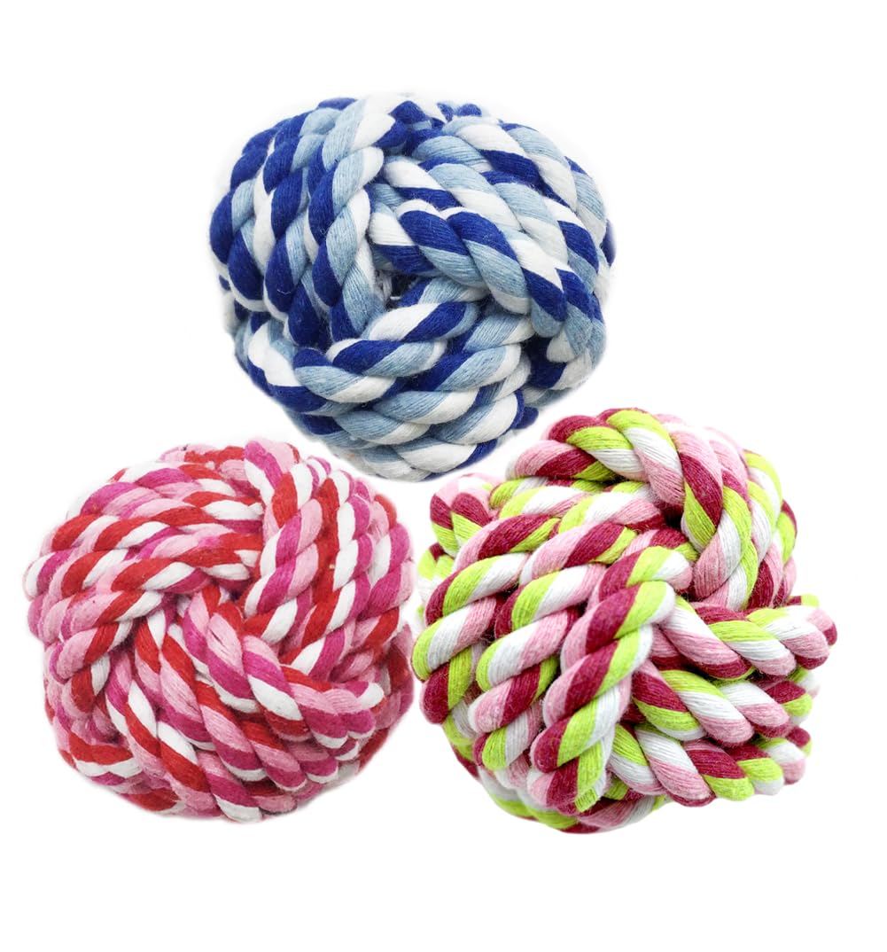 DEERMEI Cotton Rope Ball Dog Toys, Interactive Chew and Tug Toys for Small & Medium Dogs, 3-Pack, Multi-Coloured