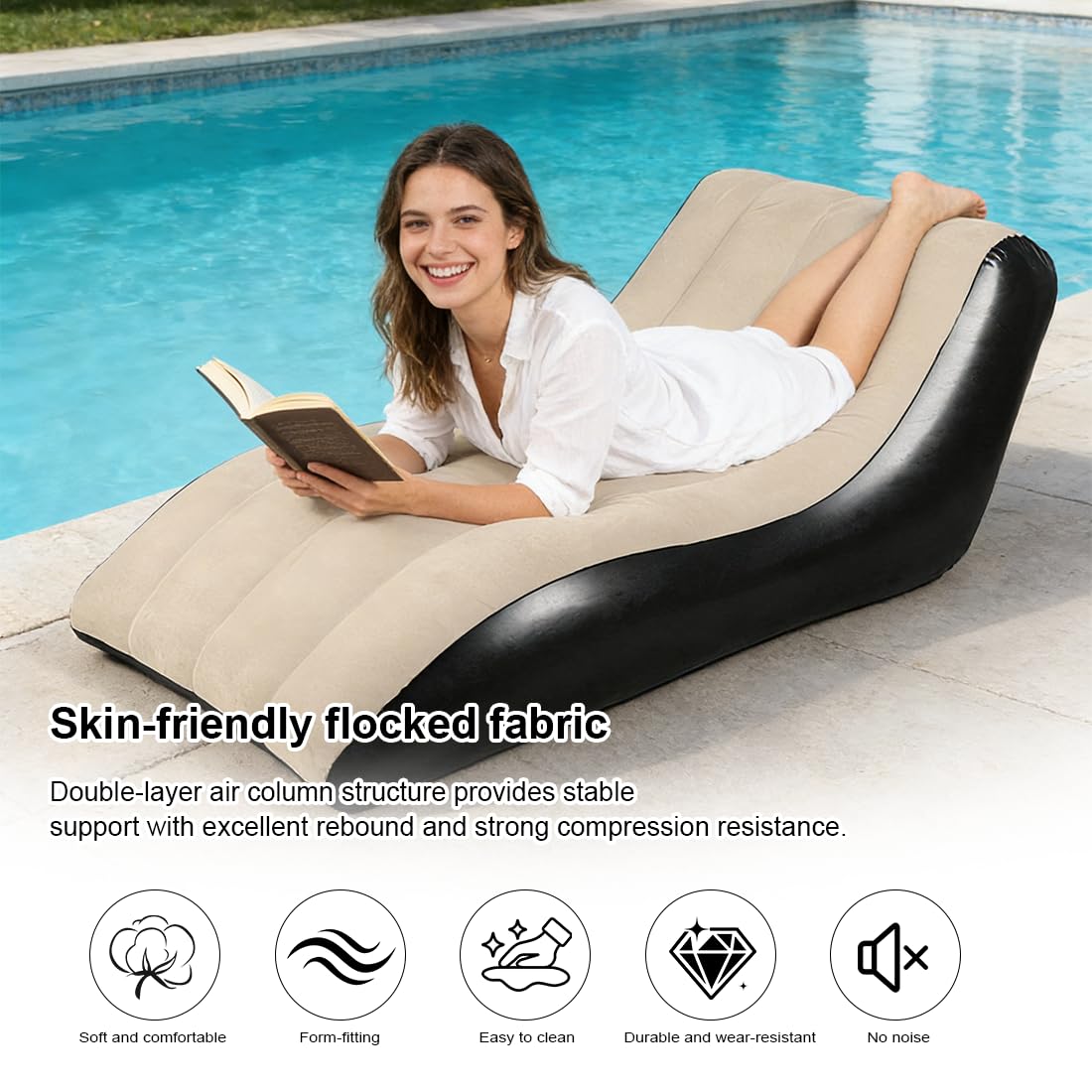 Aufblasbares Sofa, Aufblasbarer Sessel, Luftsofa, Campingsofa, Tragbare Flocking Aufblasbare Couch mit Beflockter Oberfläche für Outdoor Camping Strand Wohnzimmer (Khaki-A)
