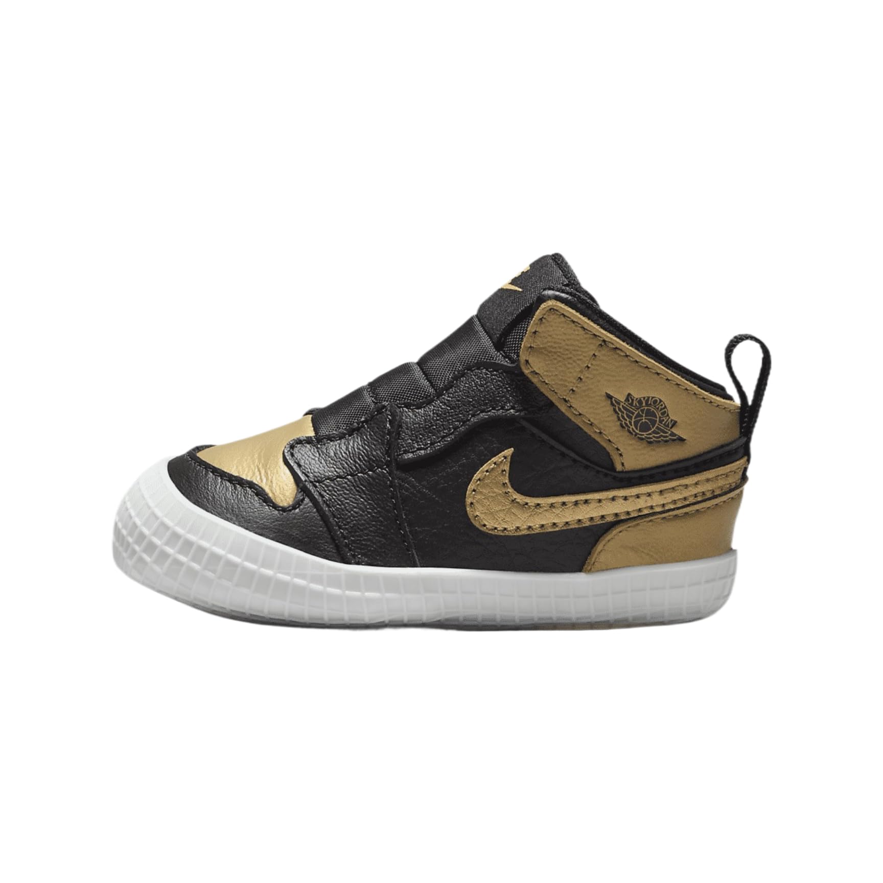 Jordan 1 Baby Crib Bootie (AT3745-071, Shown: Black/Sail/Metallic Gold) Size 2