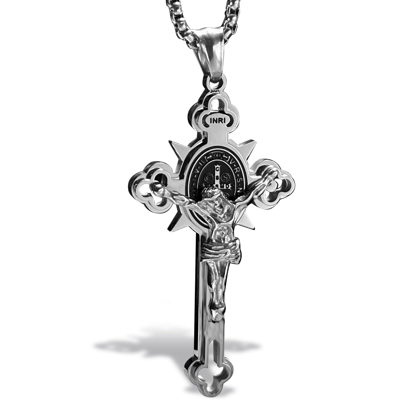 bahamutJesus INRI Crucifix Saint St. Cross Pendant Necklace for Men Stainless Steel Religious Jewelry Rolo Chain