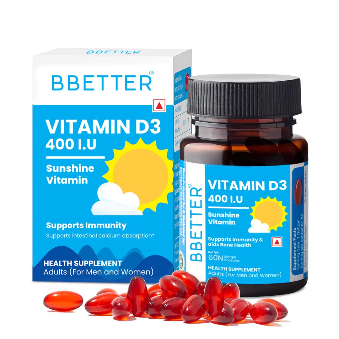 BBETTER Vitamin D3 Supplement for Immunity, Healthy Bones & Strong Muscles - 60 softgels of Vitamin D (Cholecalciferol) with the recommended daily dosage of 400IU