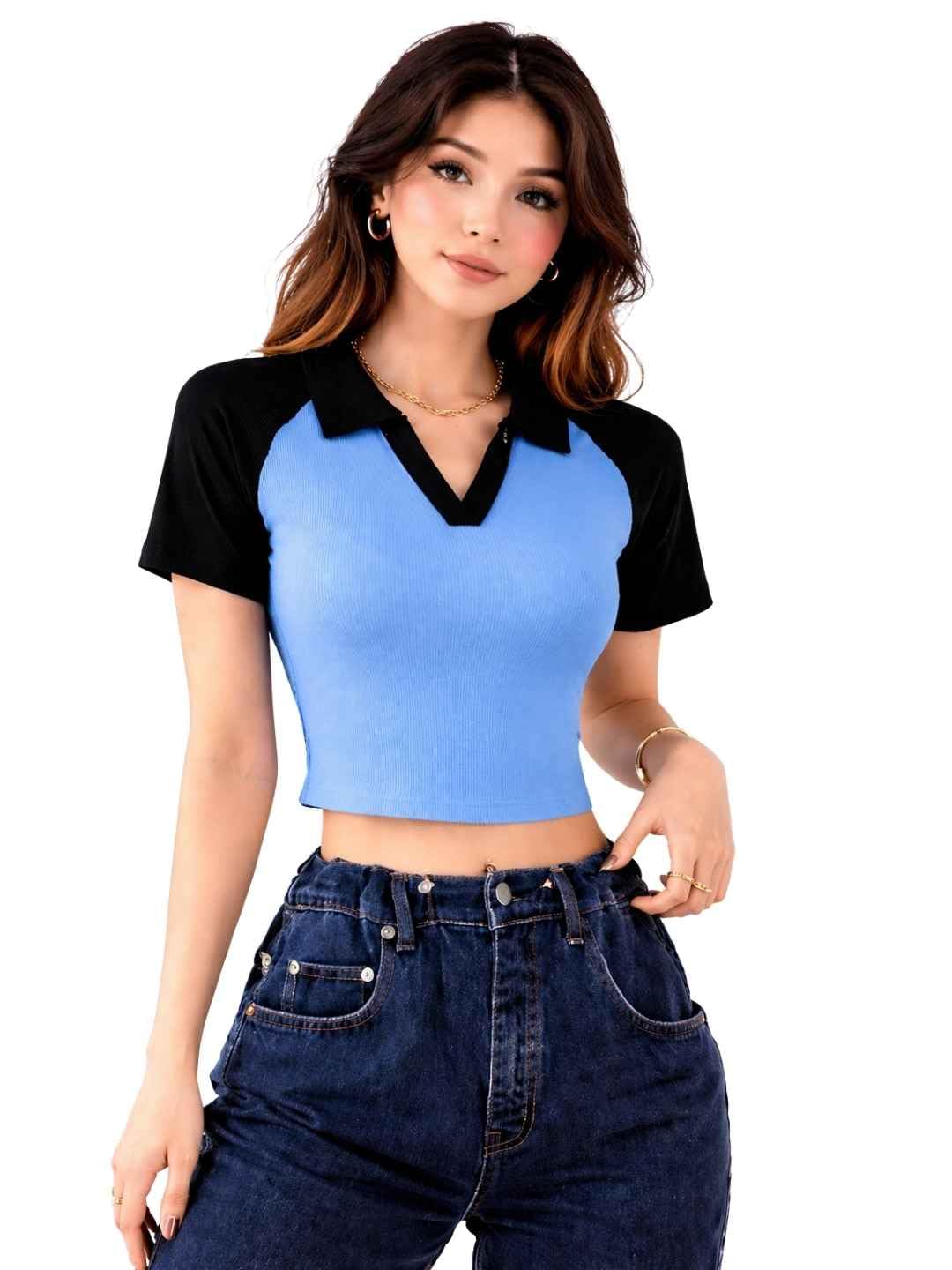 Women Color Block Crop Top Sky Black Polo Neck Slim Fit Stylish Casual Top-picture-34