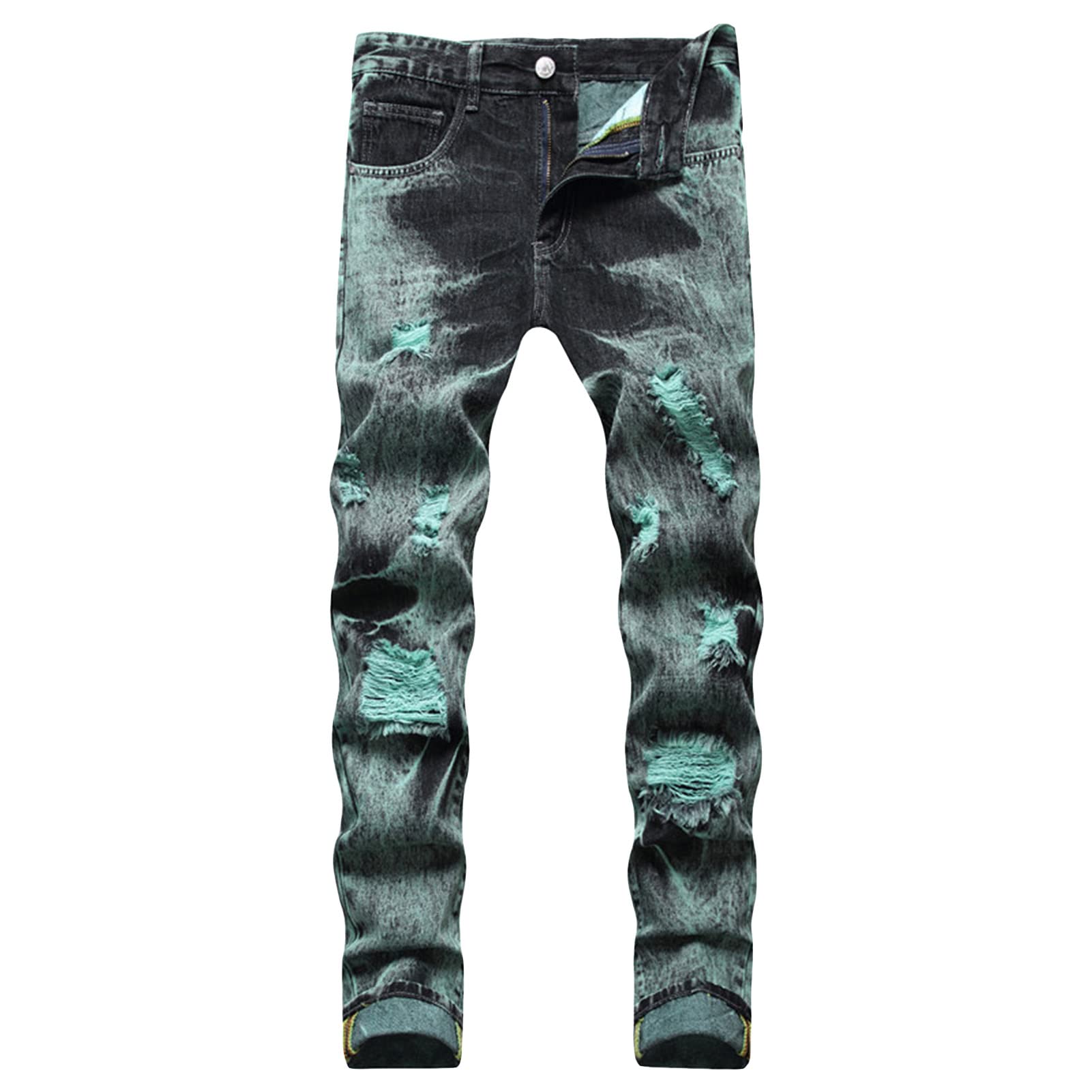 Men's Ripped Skinny Jeans Vintage Distressed Straight Leg Denim Jeans Casual Destroyed Hip Hop Biker Jean Pants (Green,32)