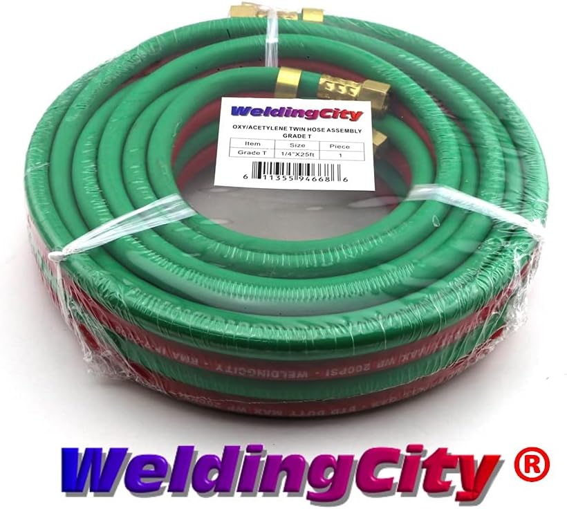 WeldingCity 25-ft 1/4" Grade-T Red and Green Rubber Twin Hose B-B Fittings for Oxygen/Acetylene, Propane and Other Alternative Fuel Gas in Welding, Cutting and Heating