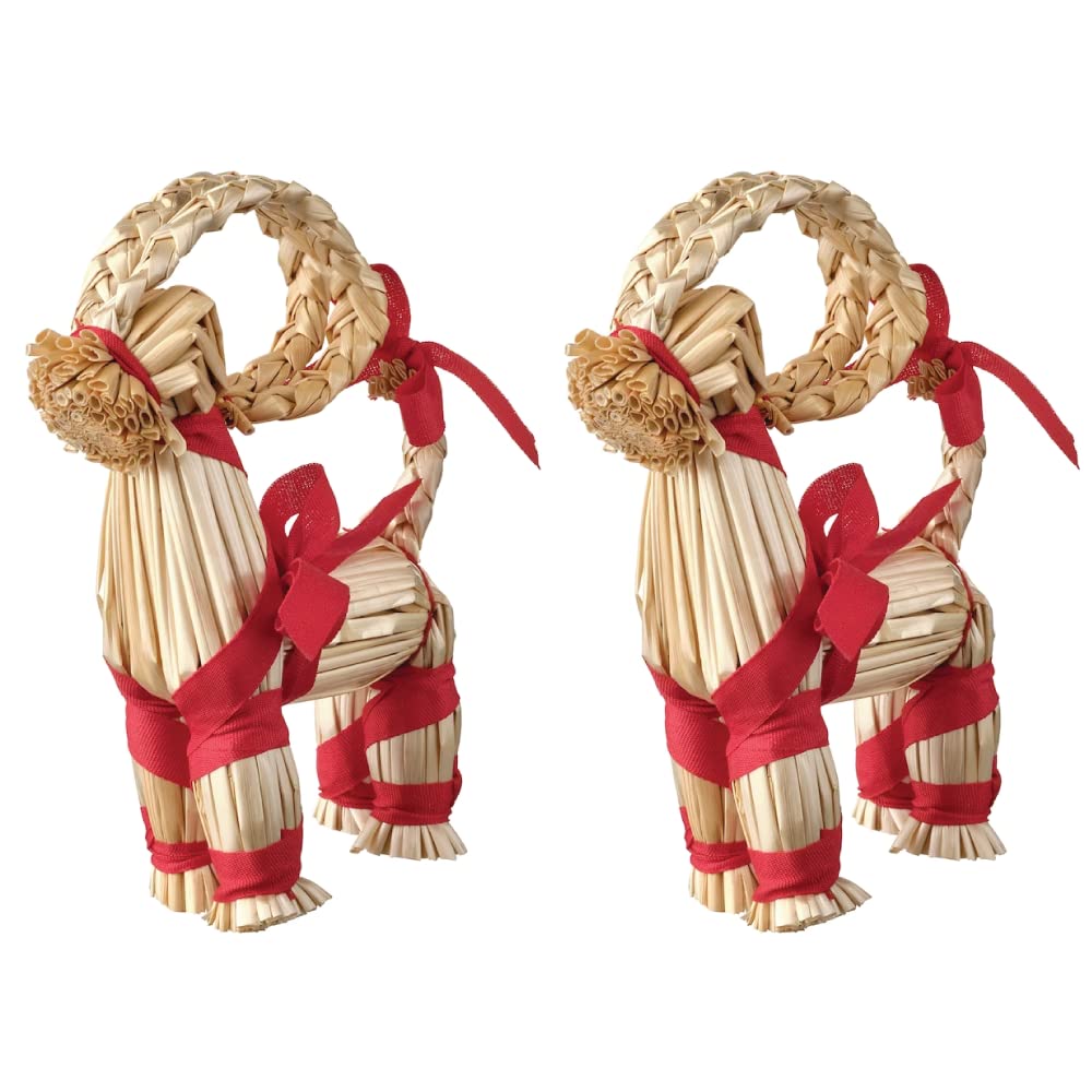 VINTERFINT Christmas Decoration Goat With Red Ribbons, Seasonal Decoration Ornaments, Handmade Straw 15 cm - Pack Of 2