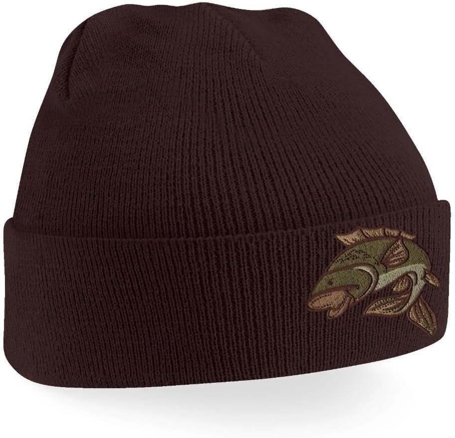 Bang Tidy Clothing Carp Fishing Angling Hobbie Winter Fathers Day Embroidered Beanie Hat Logo Men's - Chocolate
