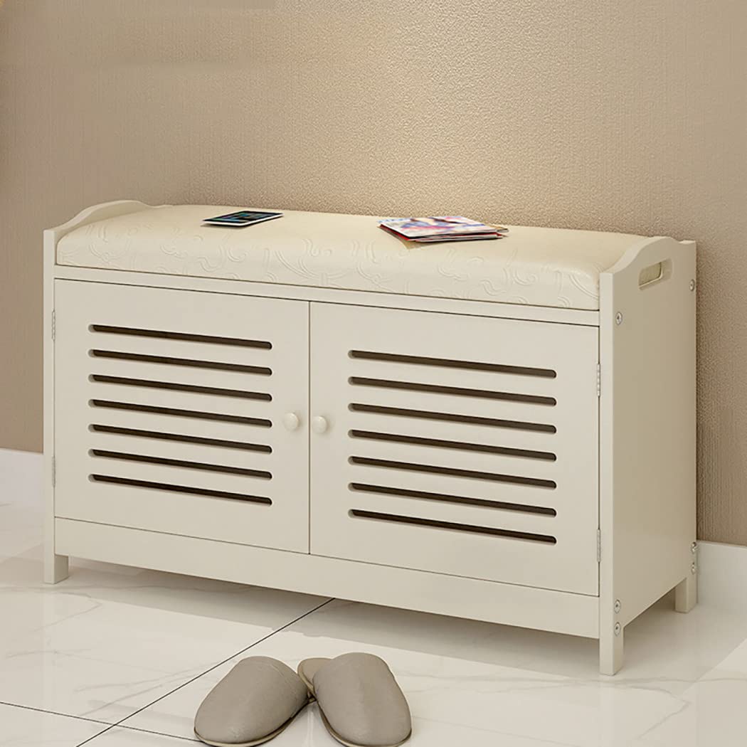 Banc à chaussures avec 2 portes et coussin pour une entrée accueillante et rangée