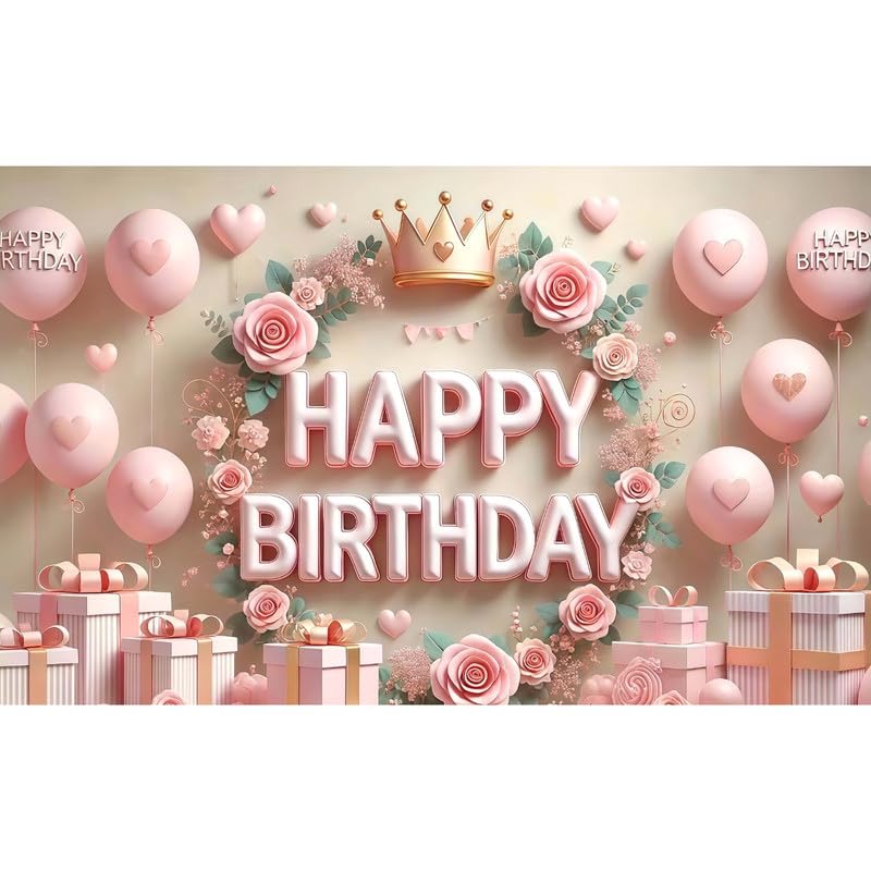Image of Elegant Light Pink Happy Birthday Party Decoration Backdrop with Floral, Balloons, and Gift Accents (Pack of 1)