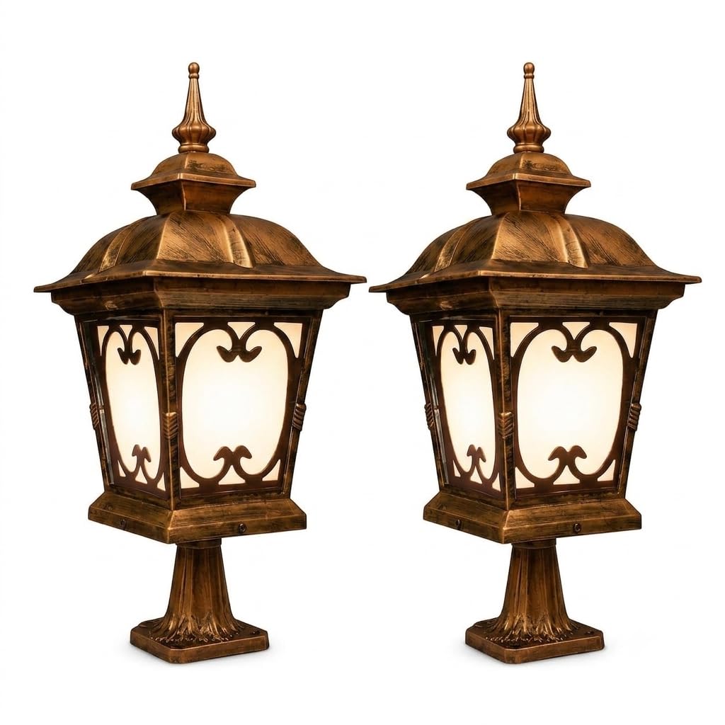 Outdoor Pillar Post Lantern Light, Antique Gold, Set of 2 | Victorian Style, Ornate Carved Design, Pedestal Mount, Warm Amber Glow, Weather Resistant-image-46