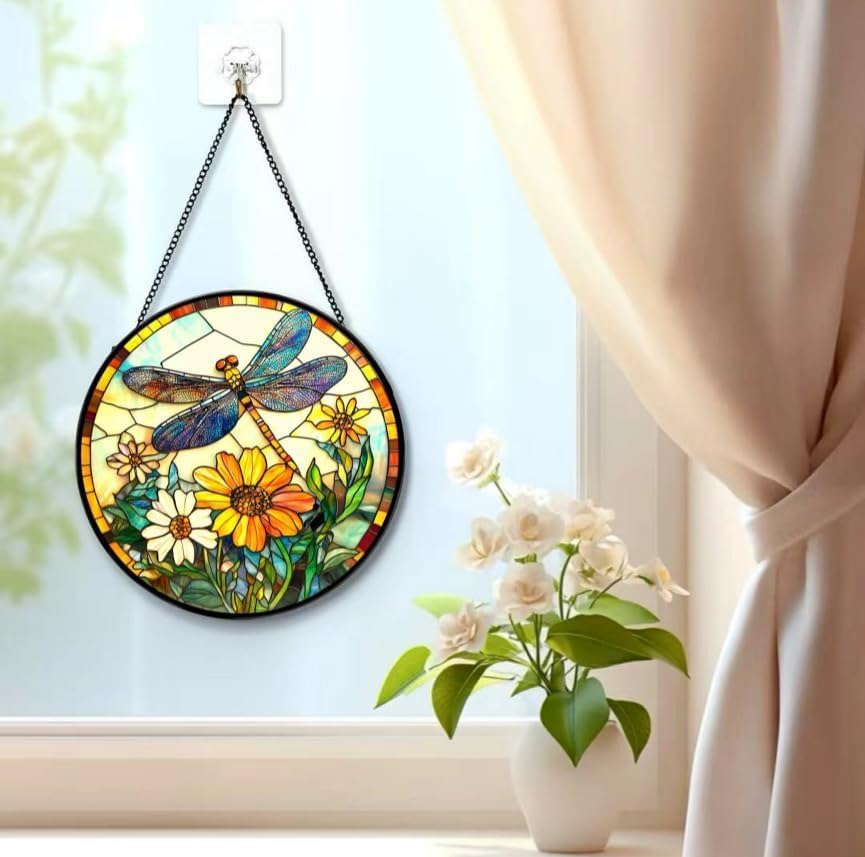 Dragonfly Stained Glass Suncatcher Round Window Hanging Sun Catcher Panel with Wildflowers Colorful Acrylic Window Decor for Home Kitchen Living Room Gift