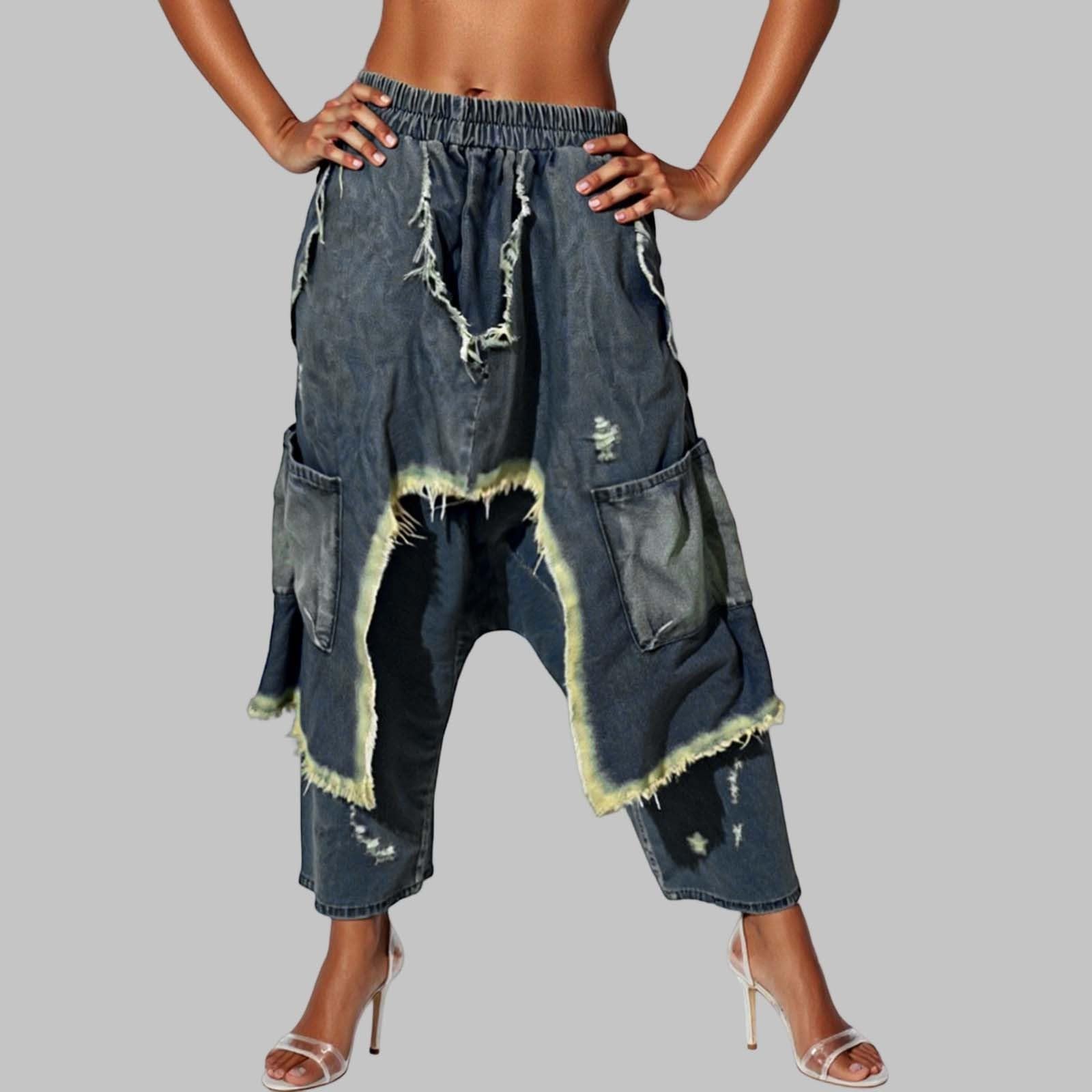 Pantalones vaqueros para mujer, pantalones harén, tallas grandes, barrel, patchwork, holgados, pantalones cargo hippie, pantalones de mezclilla, pantalones elásticos, pantalones de correr