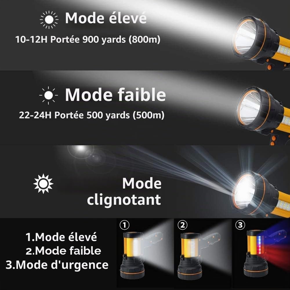 Lampe Torche Lampe de Poche LED Ultra Puissante Rechargeable Grande Batterie 10000mah Super Brillante Haute 6000 Lumens Longue Portée, pour Ménage Camping Urgence