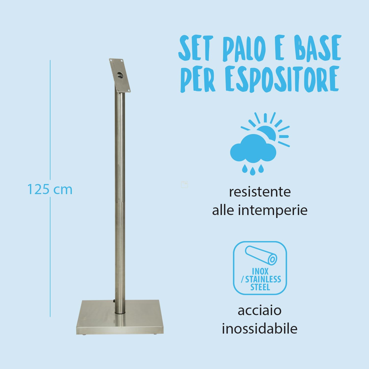 SECURIT - Set di Palo e Base Per Espositore - Per Caffè, Ristoranti, Bar, Negozi - Acciaio Inossidabile - 125 cm