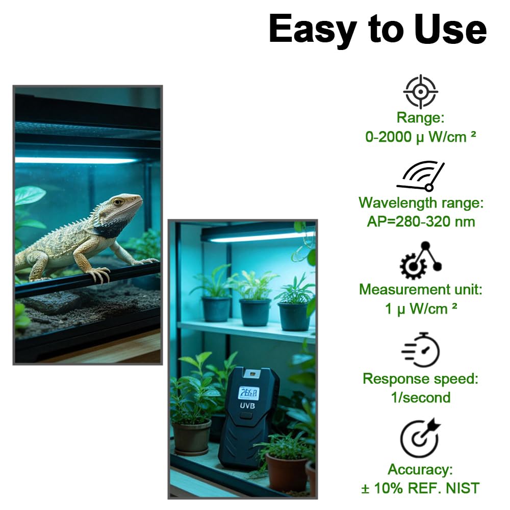 Detektor UVB dla gadów, miernik natężenia światła z wyświetlaczem LCD, czujnik promieniowania UV do terrarium, do pomiaru długości fali od 280 do 320 nm, jaszczurka, żółw i rośliny