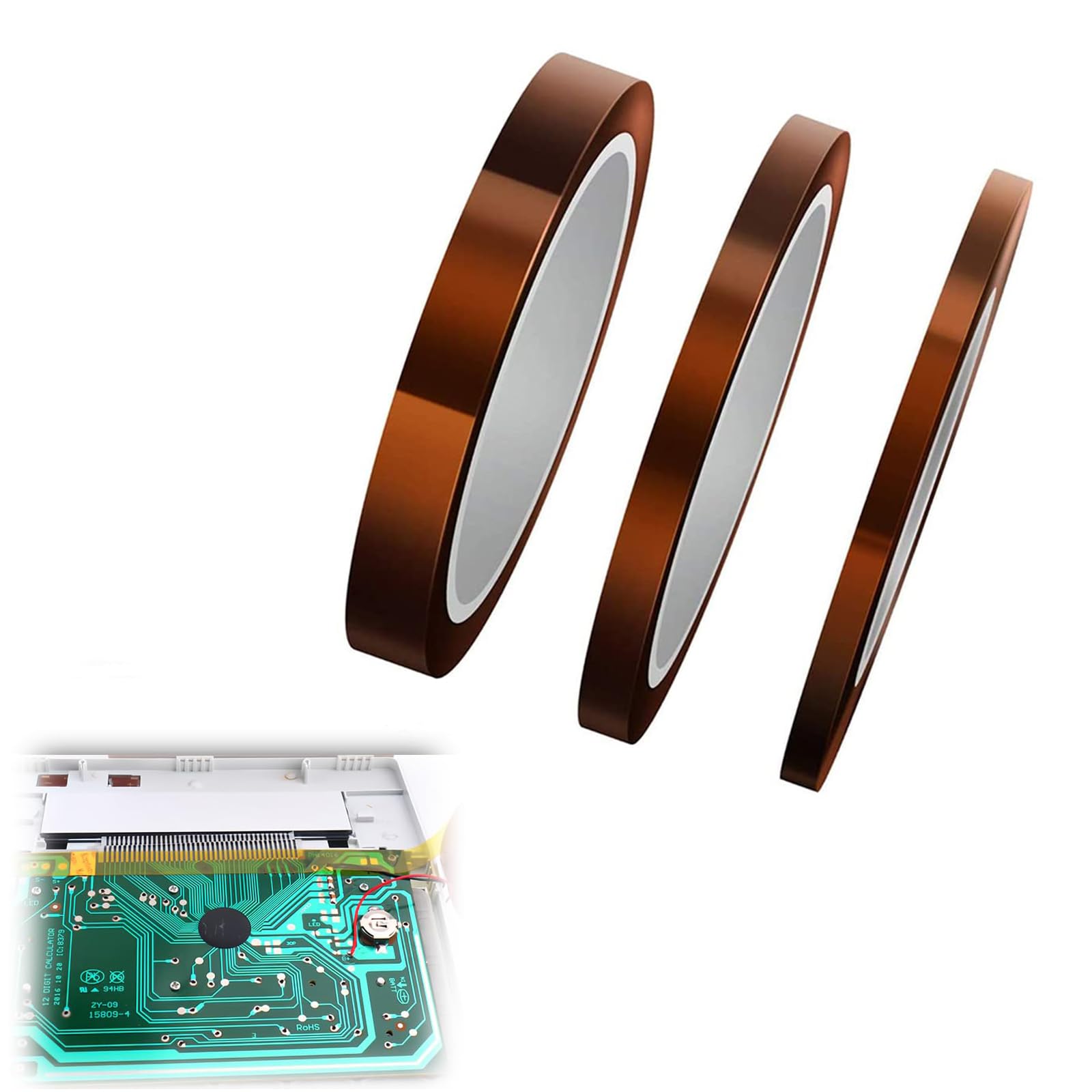 Cinta de Alta Temperatura,3 Rollo Cinta Resistente al Calor de Poliimida para Soldar,Recubrimiento en Polvo,Sublimación,Placa de Circuito Aislantes 5mm/10mm/15mm