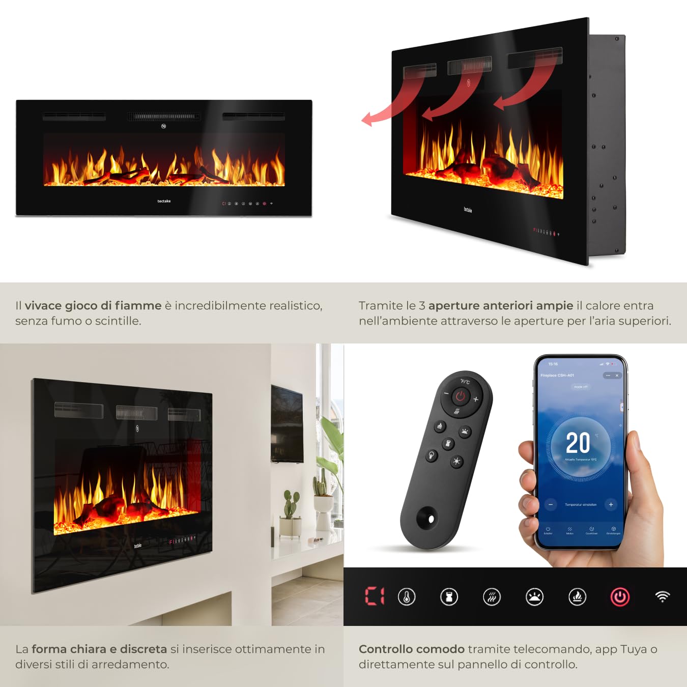 tectake® Caminetto elettrico da parete, Camino Elettrico 106,5x43x12 cm, 2 livelli di riscaldamento 900 W e 1800 W, 6 colori per effetto fuoco finto LED 3D, controllo app e WiFi e telecomando, Stufa