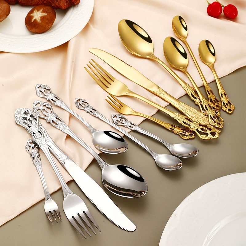 Posate in Argento, Set di Posate, Posate in Acciaio Inox da 7 Pezzi e Cucchiaio, Set di Posate per Bistecca, Posate per Bistecca per Ristorante dell'hotel,Gold-12Set