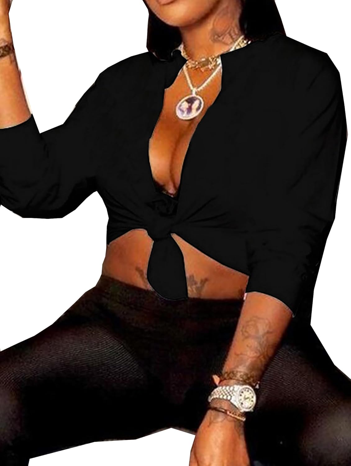 Zoyami Womens Sexy Tie Front Crop Top Long Sleeve Graphic Tee Shirt Clubwear - Image 2