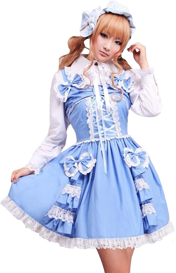 Amazon Co Jp Cosplayitem ロリータ服 蝶結びワンピース 姫系 姫系ロリ服 カステラドレス ロリータ Lolita ゴシック Gothic ロリ ジャンパースカート サロペットスカート ドレス 洋服 長袖 リボン 蝶結び フリル レース ギャル系 Gal系 サーフ系 水色 二点セット