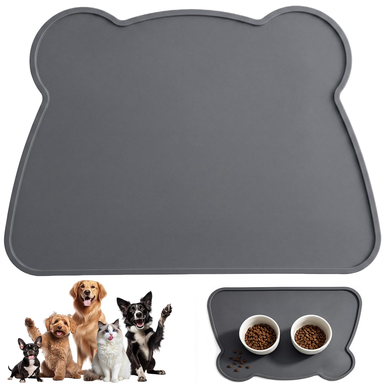 YINKIGI Silicone Cat Dog Food Mat, Large 47x32cm Pet Feeding Mat, Dark Grey