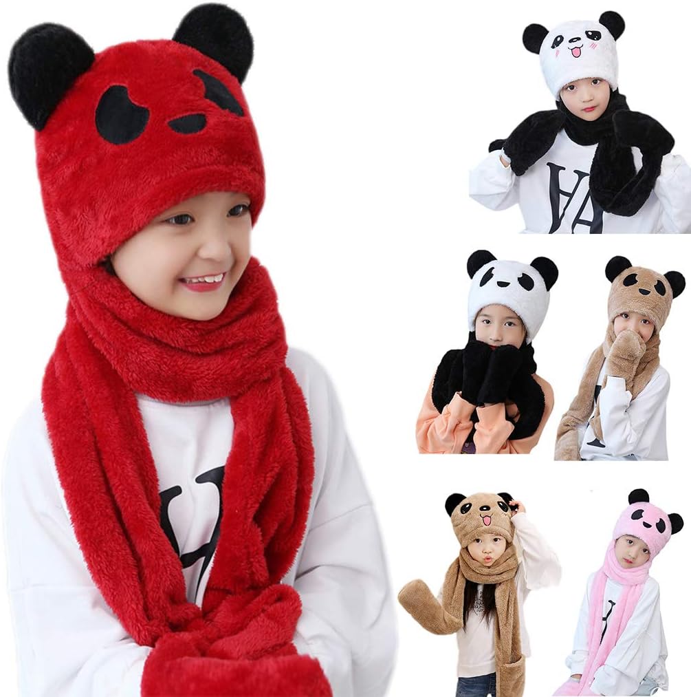 Scarf,3 in 1 Kids Boys Girls Hooded Scarf with Pockets Hat Long Scarf Gloves Set Cute Panda Ears Thicken Plush Warm Scarf(Pink,Medium)