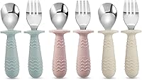 PandaEar 6pc Baby Toddler Stainless Steel Utensils Set - BPA-Free Spoons & Forks, Silicone Grip, Anti-Choke, Rounded Safety Edges (Blue/Pink/White)