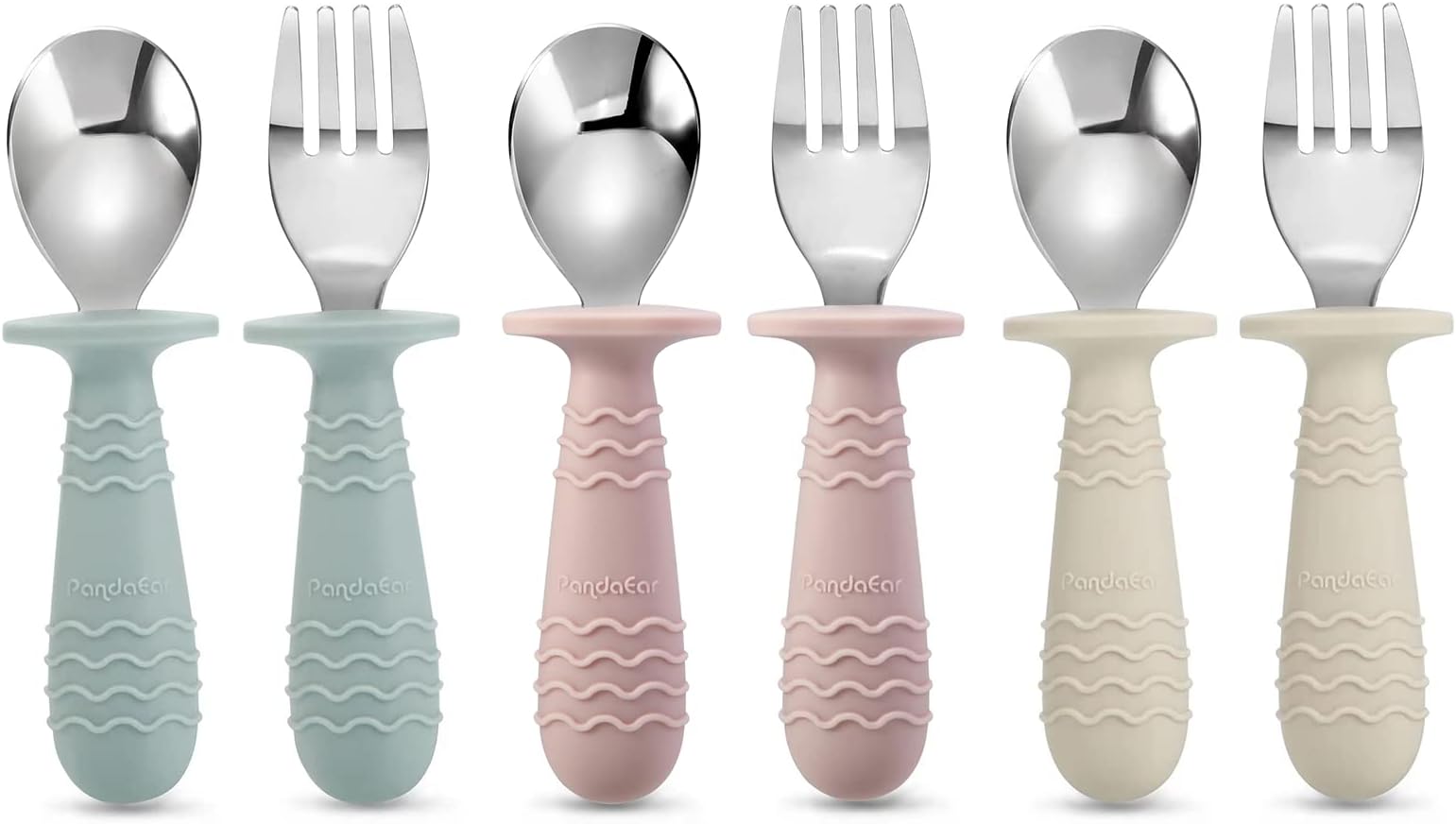 6 Pieces Baby Toddler Silicone Stainless Steel Utensils Silverware Spoon Fork for Baby Toddler BPA Free with Silicone Holding Anti-Choke Design