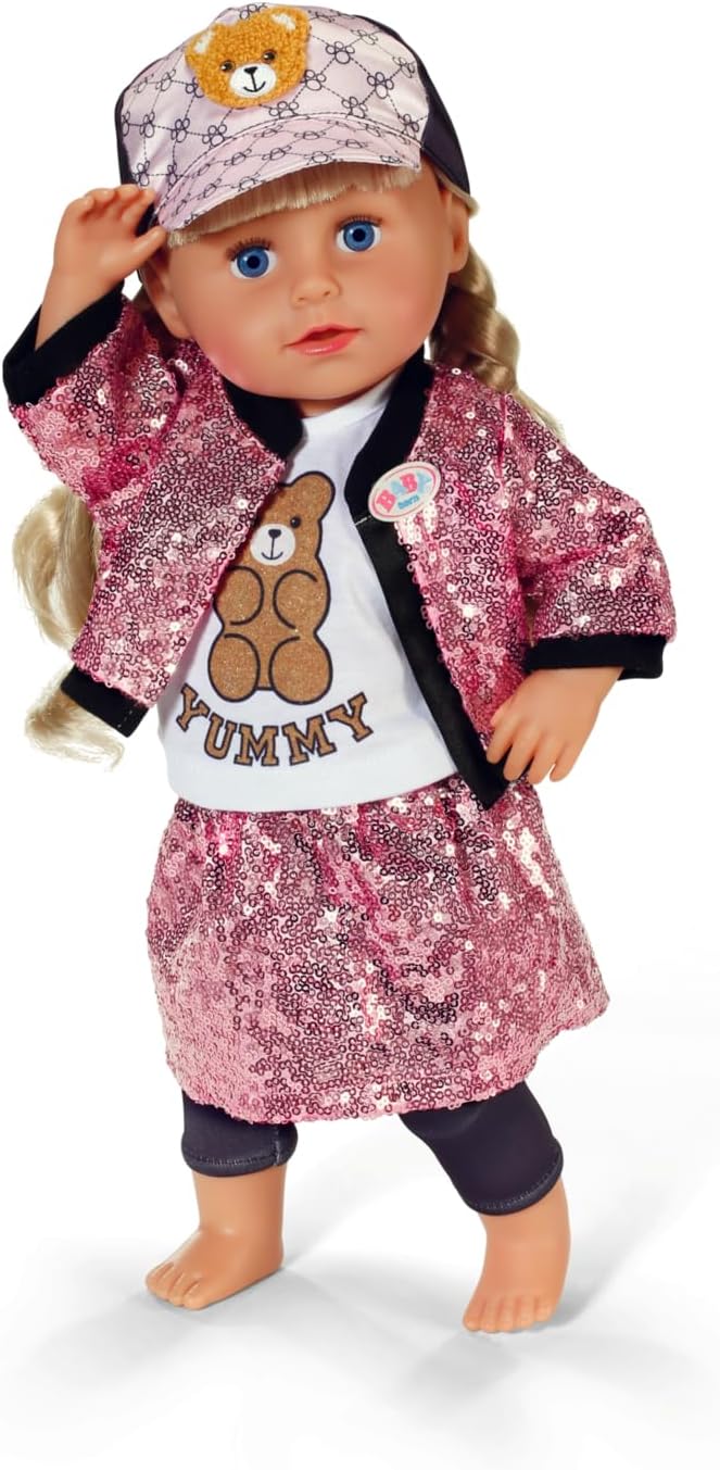 BABY born Glam Outfit - with Pink Sequin Skirt and Jacket, Teddy Bear Print T-Shirt, Cap and Leggings - High Quality Accessories for Dolls - Clothes Suitable for 43 cm Dolls
