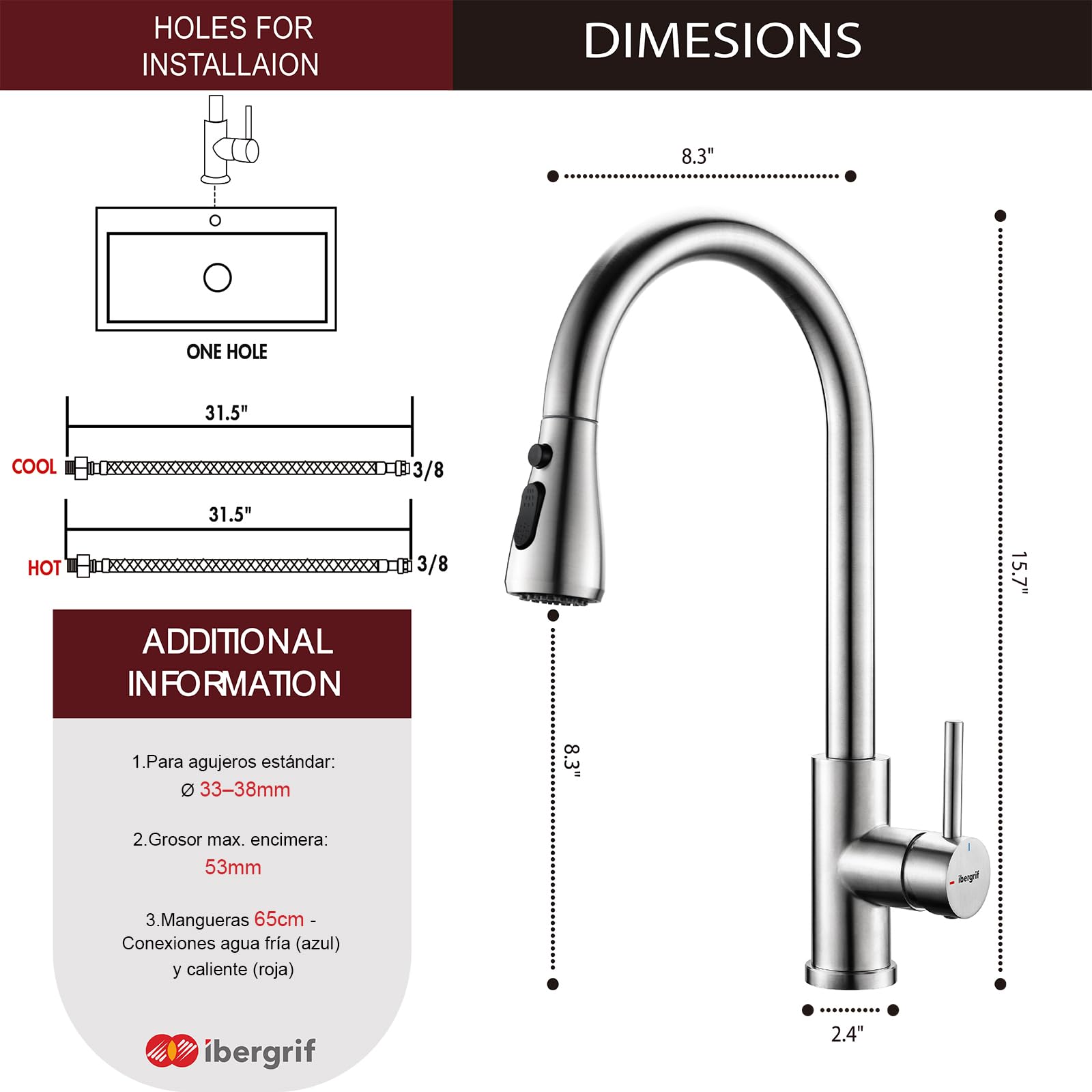 Ibergrif Grifo Cocina Extraíble, Grifo Cocina Fregadero 360° Giratorio, 3 Modos de Agua, Acero Inoxidable 304, Ahorro Energético 30%, Instalación Sin Herramientas en 5 Minutos, M22137