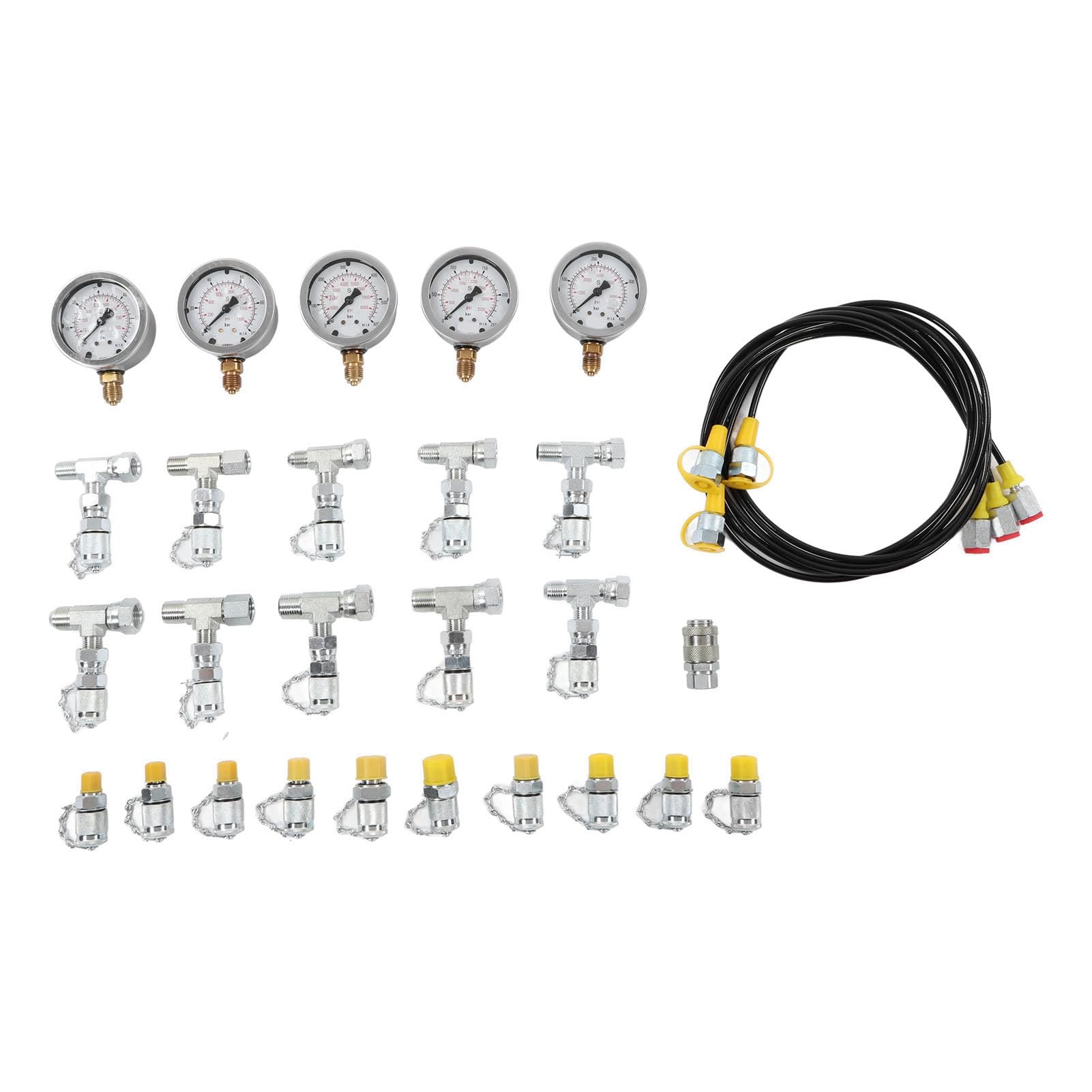 lyrlody Kit de Prueba de Presión Hidráulica Juego de Manómetros de Acero Inoxidable con 5 Manómetros, 3 Mangueras, 11 Acoplamientos, 10 Conectores en T para Pruebas de Presión del Hidráulico de