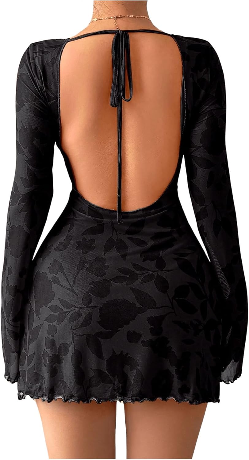 MakeMeChic Women's Floral Print Long Sleeve Mini Dress Mesh Backless Y2k Going Out Dresses