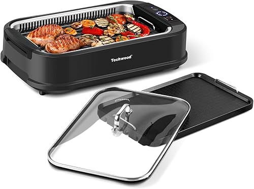 Miniatura 9 de Parrilla para interiores, Techwood 1500W sin humo con tapa de vidrio templado, parrilla eléctrica compacta y portátil antiadherente con control de 6