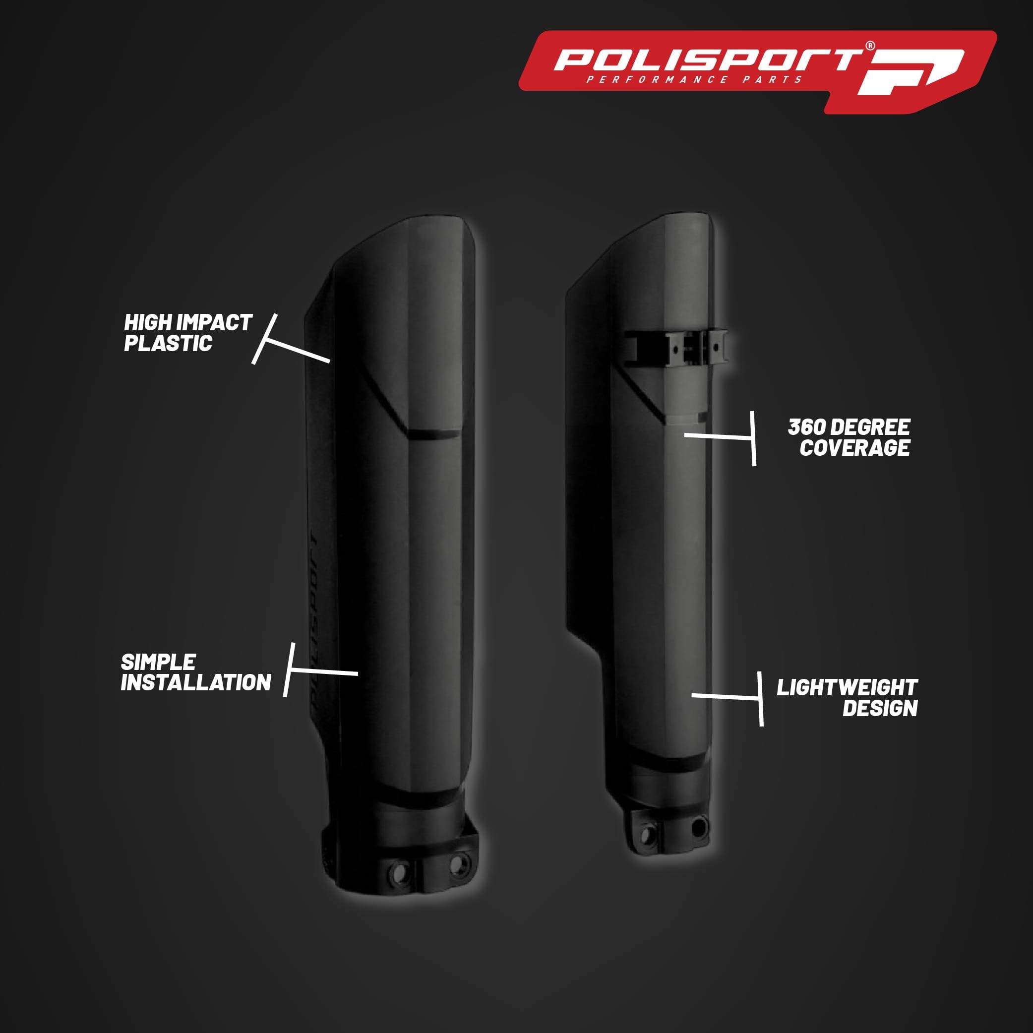 POLISPORT 8399300003 - Protector de horquilla envolvente completo fabricado en plástico resistente a los impactos con motocicletas KTM, HUSQVARNA, GAS GAS, SHERCO en color Negro