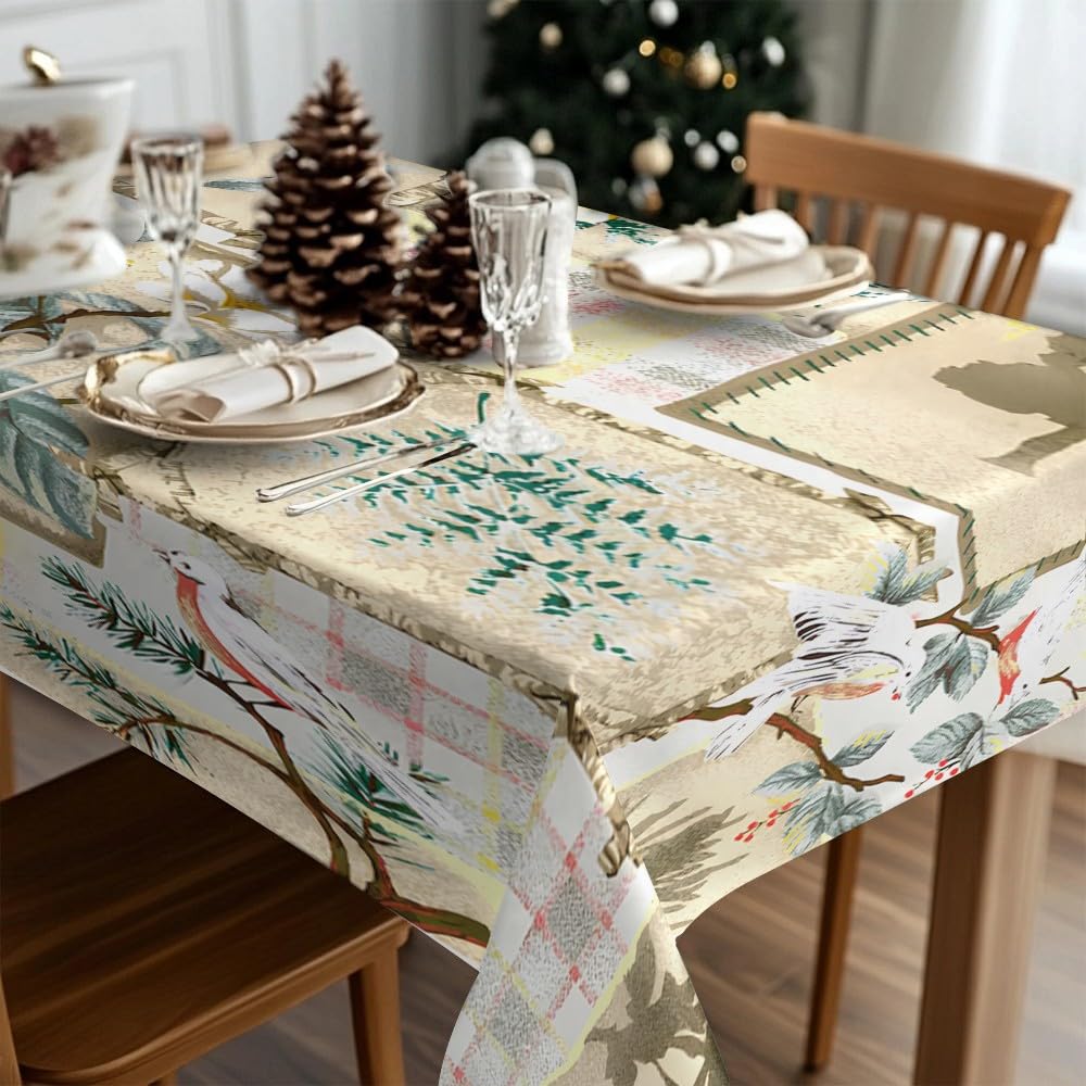 Patchwork À Carreaux Nappe Rectangulaire 160x200 cm Oiseau De Forêt, Nappe de Table Motif Papillon Vintage en Polyester, Nappe en Tissu Imperméable et Anti-Tache - S-84