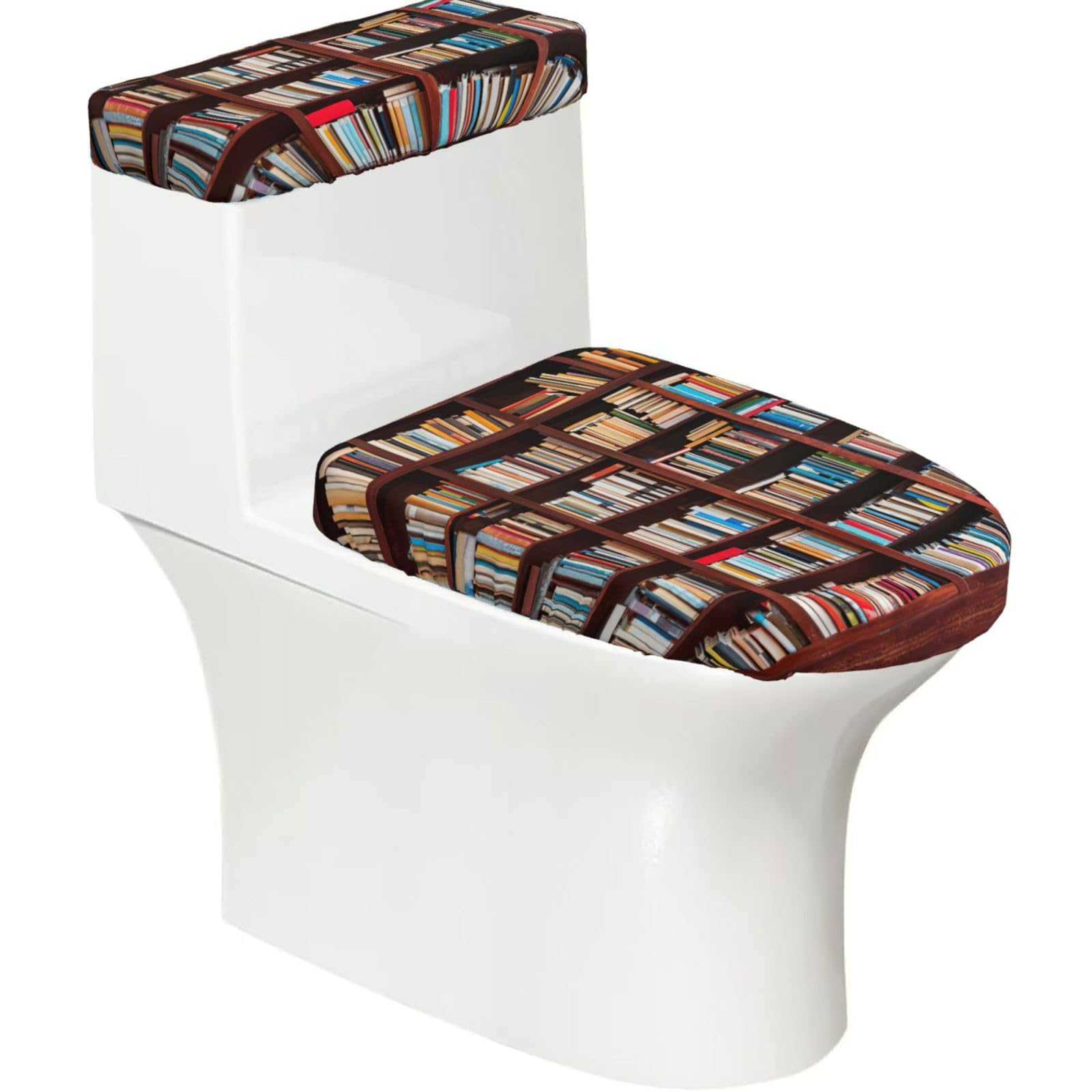 Books Printed Toilet Tank and Lid Cover Set of 2 for Most Bathrooms, Fits Elongated Round Toilets