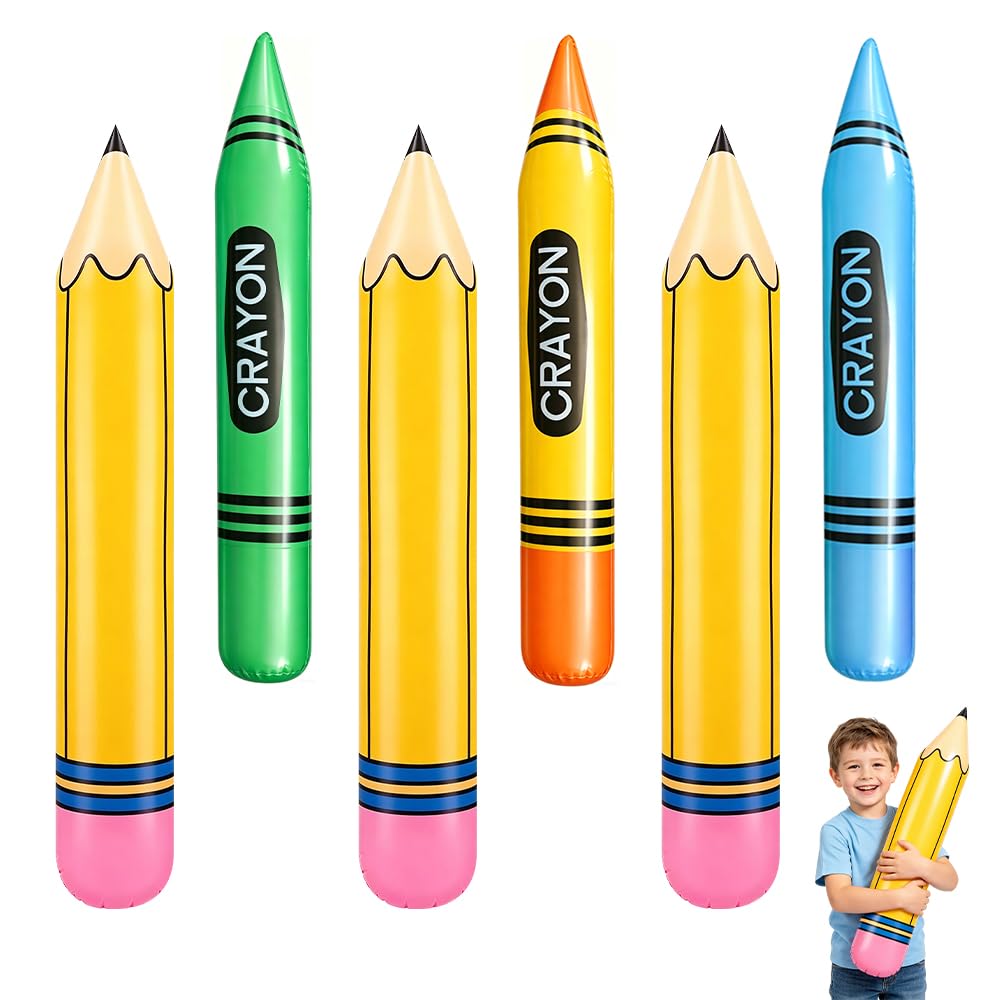 Giant Inflatable Crayon Set 6, Giant Inflatable Crayon Pencil Balloons Set, Blow Up Pencil Prop Kit for Back to School Classroom Events Birthday Party Decorations