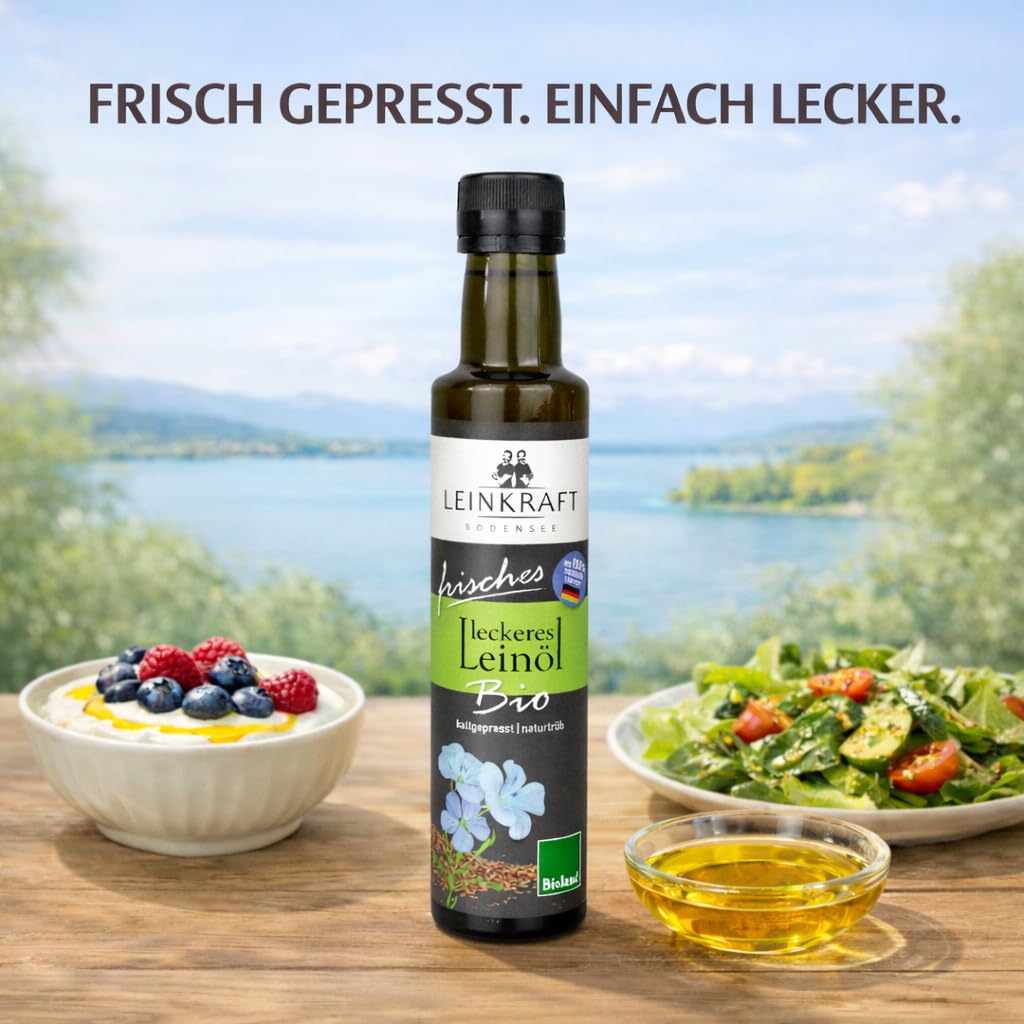 Leckeres Bio-Leinöl 500ml frisch gepresst 100% deutsche Leinsaat - Omega 3 reich mit Lignanen - direkt ungefiltert abgefüllt - Leinsamenöl in Bioland Rohkostqualität