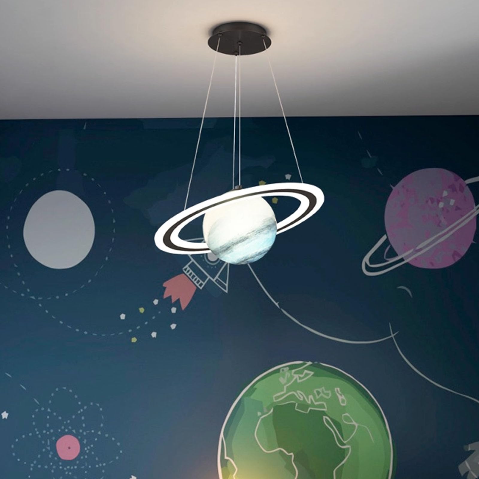 Space Lampshade Modern Pendant Light,Astronaut Ceiling Lamp,Chindren's Room Chandelier,Kids Ceiling Light,Dimmable LED Kids Room Planet Hanging Chandelier,(Size:45cm,Color:B-blue)