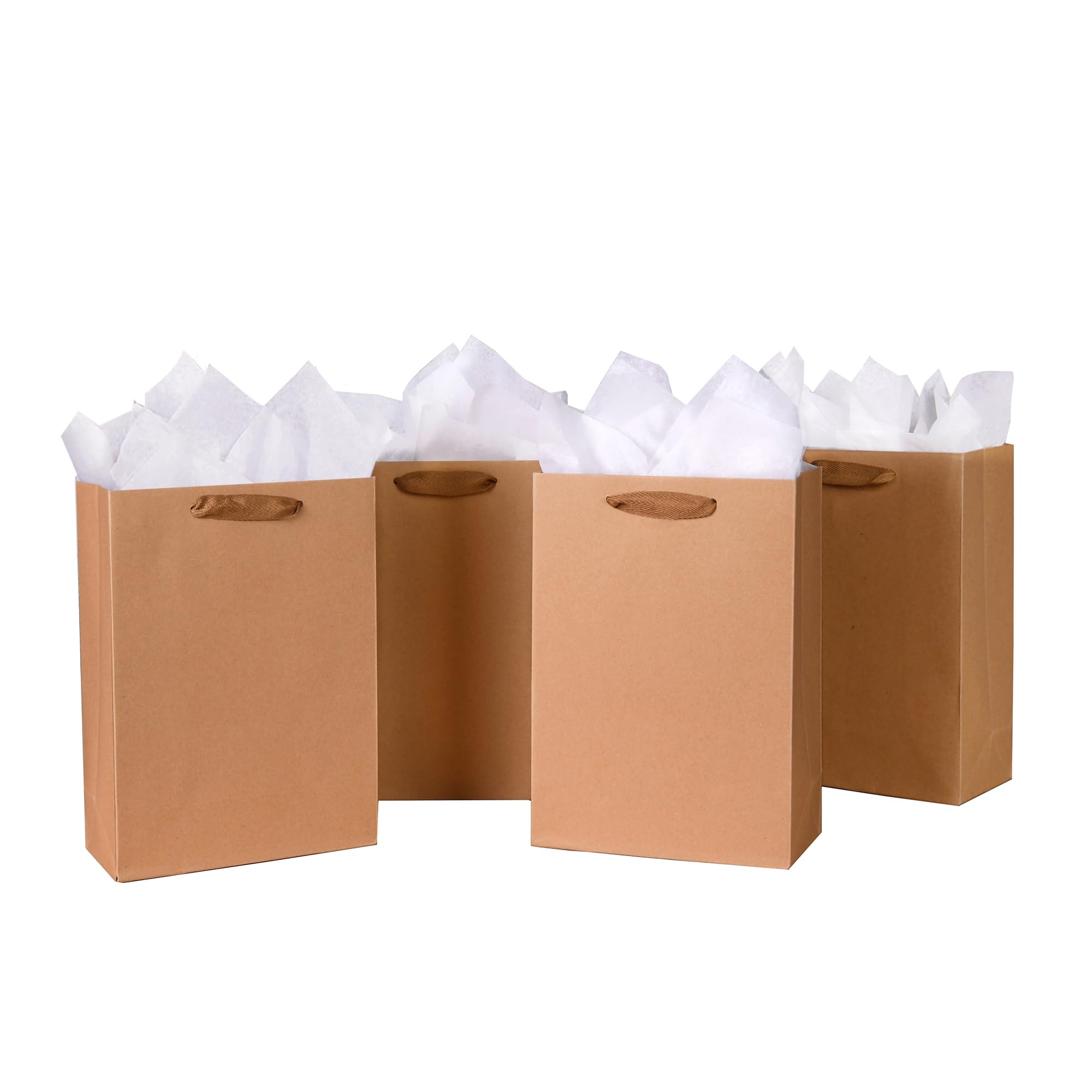 SHIPKEY 10pcs Kraft Paper Bags 8x4x11 Inches, Brown With Tissue Paper, Shopping, Retail, Gift With Soft Cloth Handles