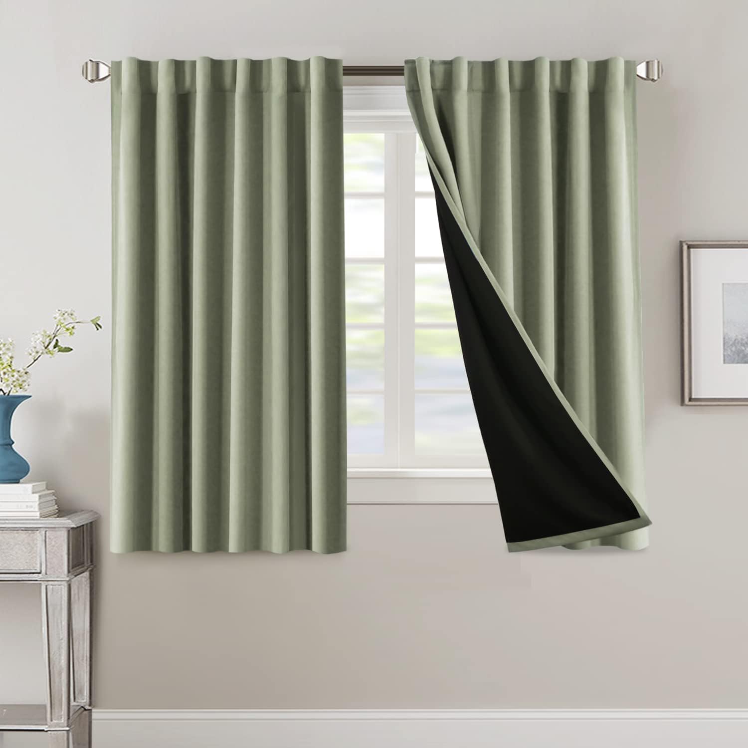 H.VERSAILTEX 100% Blackout Curtains for Bedroom with Black Liner Full Room Darkening Curtains 54 Inches Long Thermal Insulated Back Tab/Rod Pocket Window Drapes for Living Room, Sage, 2 Panels