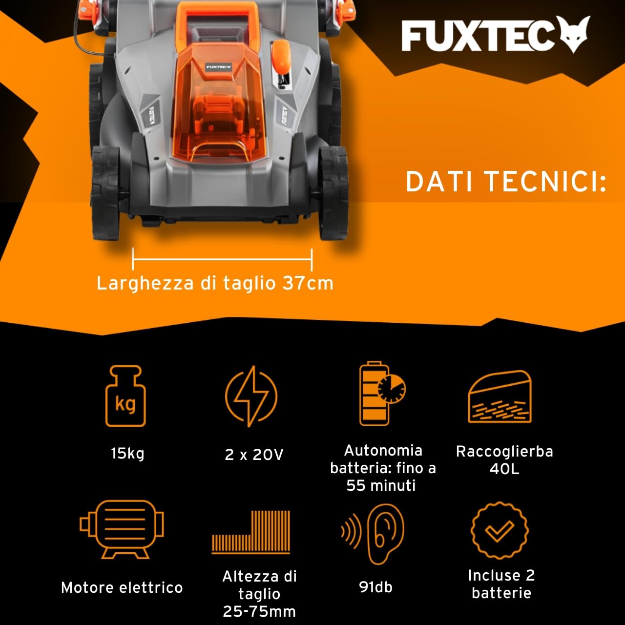 Tagliaerba Elettrico a Batteria FUXTEC E2RM37-40V (2x20V), Larghezza di Taglio 37cm, Altezza Regolabile, Senza Fili – Set con Batteria e Caricabatterie Inclusi