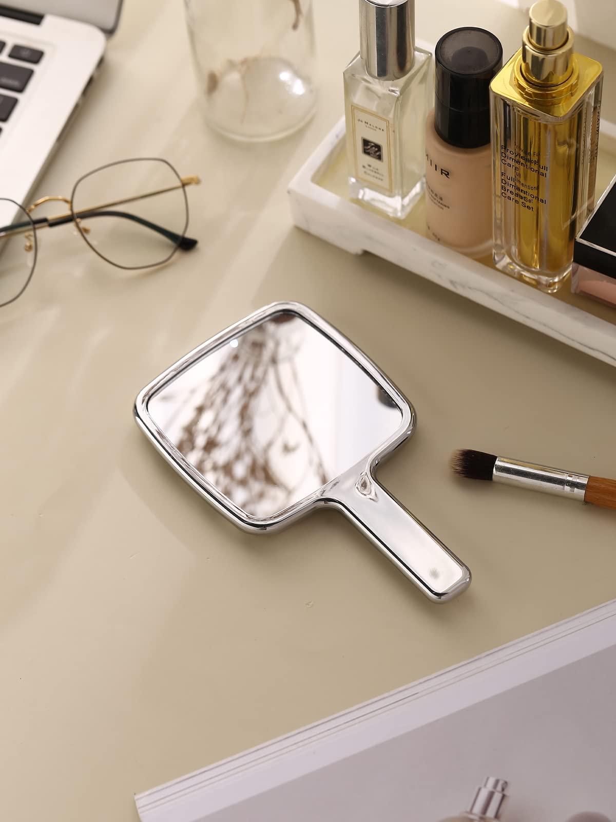 Espejo de mano, espejo de mano con ondas de agua con mango para maquillaje, cuadrado, plateado, pequeño (4 x 7 pulgadas) 5