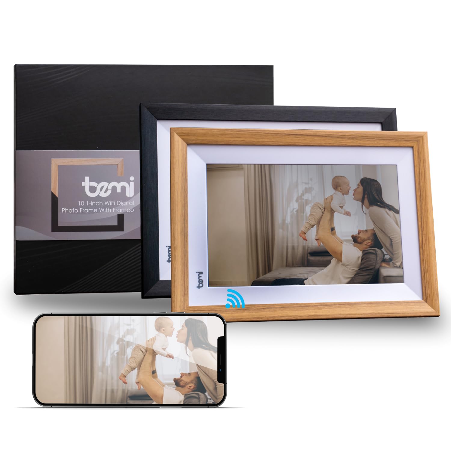 Ramka na zdjęcia WiFi bemi z aplikacją Frameo biała cyfrowa ramka na zdjęcia + 2 ramki w zestawie czytnik kart pamięci 25.7 cm, ekran dotykowy, wbudowany głośnik