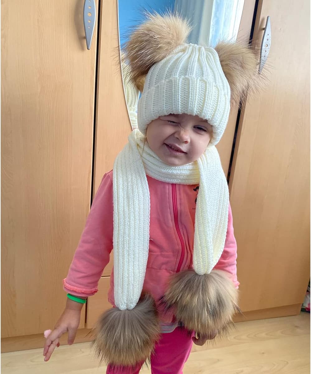 Hat and Scarf Set for Adults and Kids, Winter Knitted Beanie Hat and Long Scarf Set with Faux Fur Pom Poms